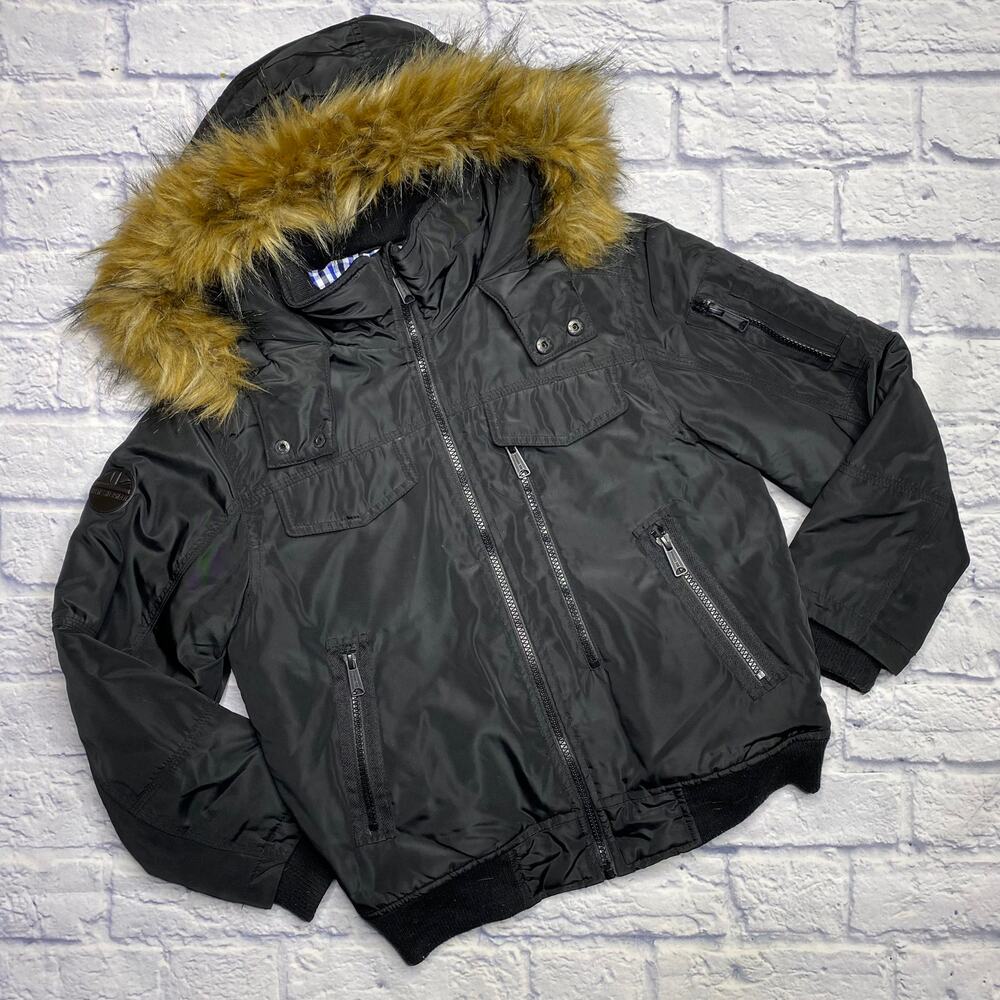 Ben Sherman Hooded Fur Trim Bomber in Black